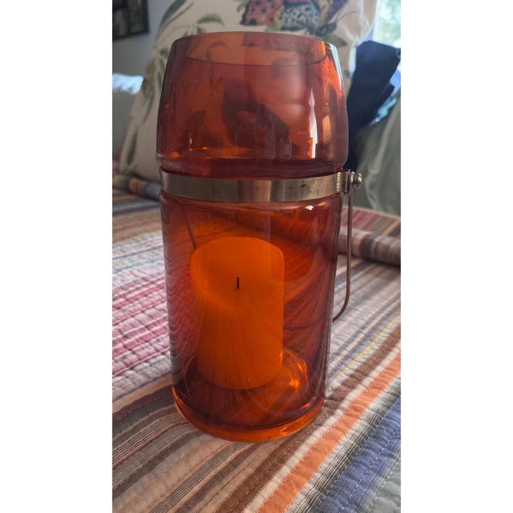 Vtg Orange Painted Glass Lantern Hurricane Candle Holder Metal Handle Gold Toned